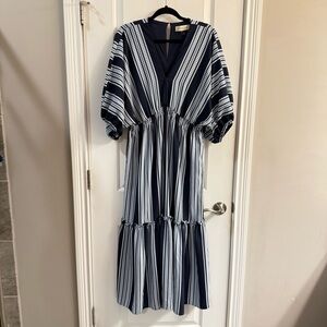 Taylor / V-Neck Dolman-Sleeve Smocked Dress / Navy Combo Stripe / Size 16